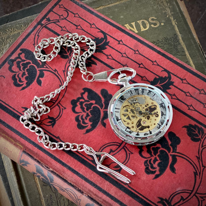 Silver Postmodern Mechanical Pocket Watch -on Fob or Necklace