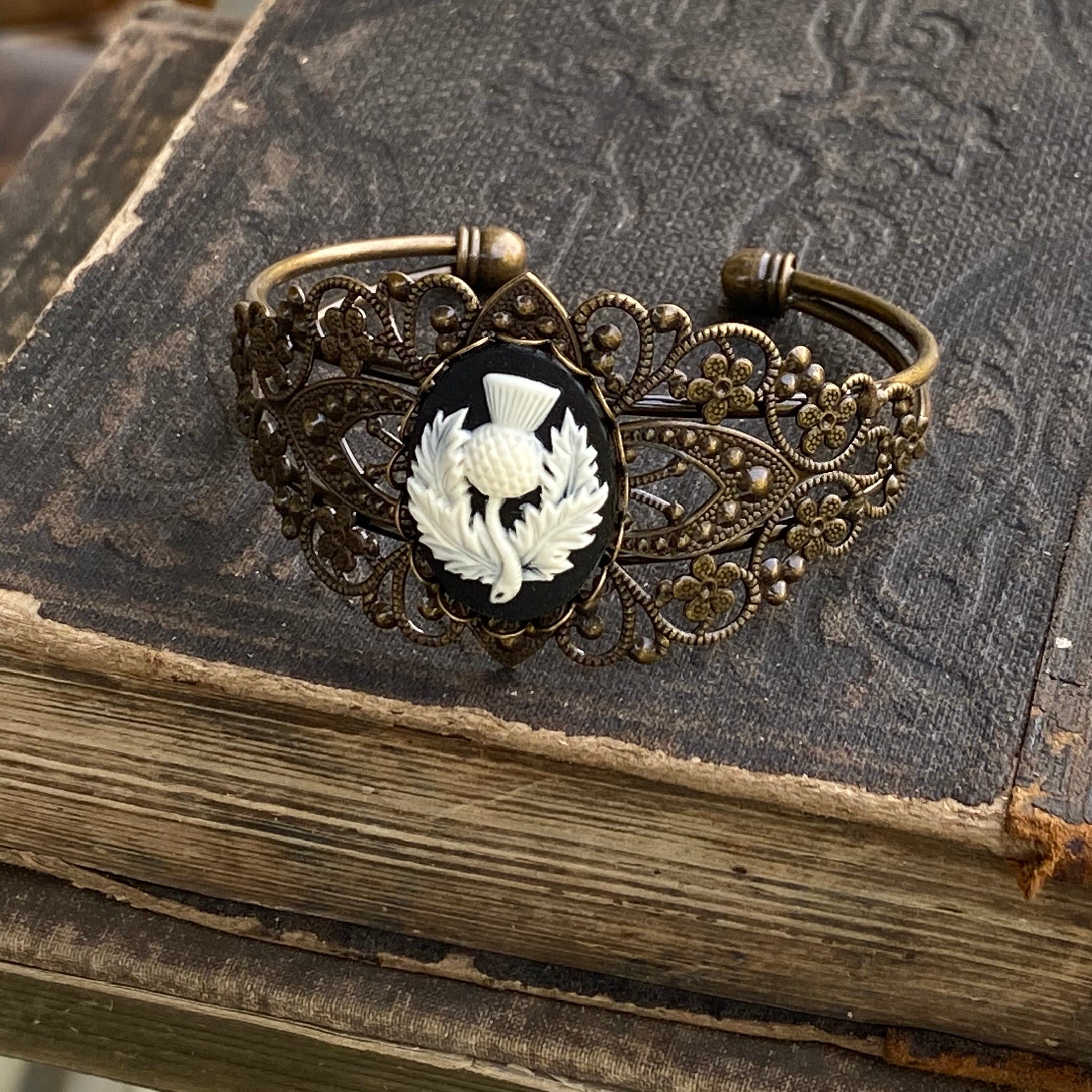 Thistle Cameo Cuff Bracelet- Adjustable Antiqued Bronze Vintage Victorian Filigree Style Thistle Horse