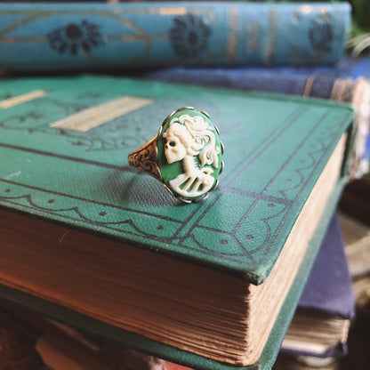 Skeleton Lady Cameo Ring- Green and Brass