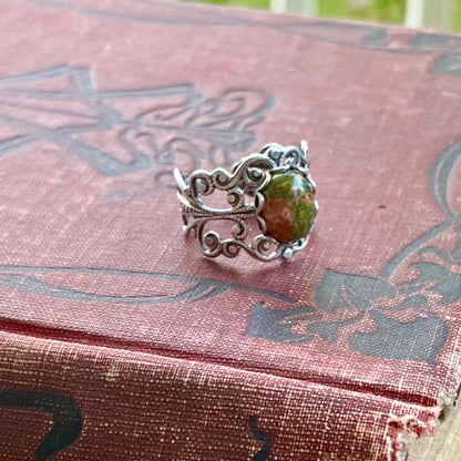 Unakite Stone Adjustable Filigree Ring