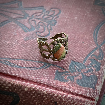 Unakite Stone Adjustable Filigree Ring