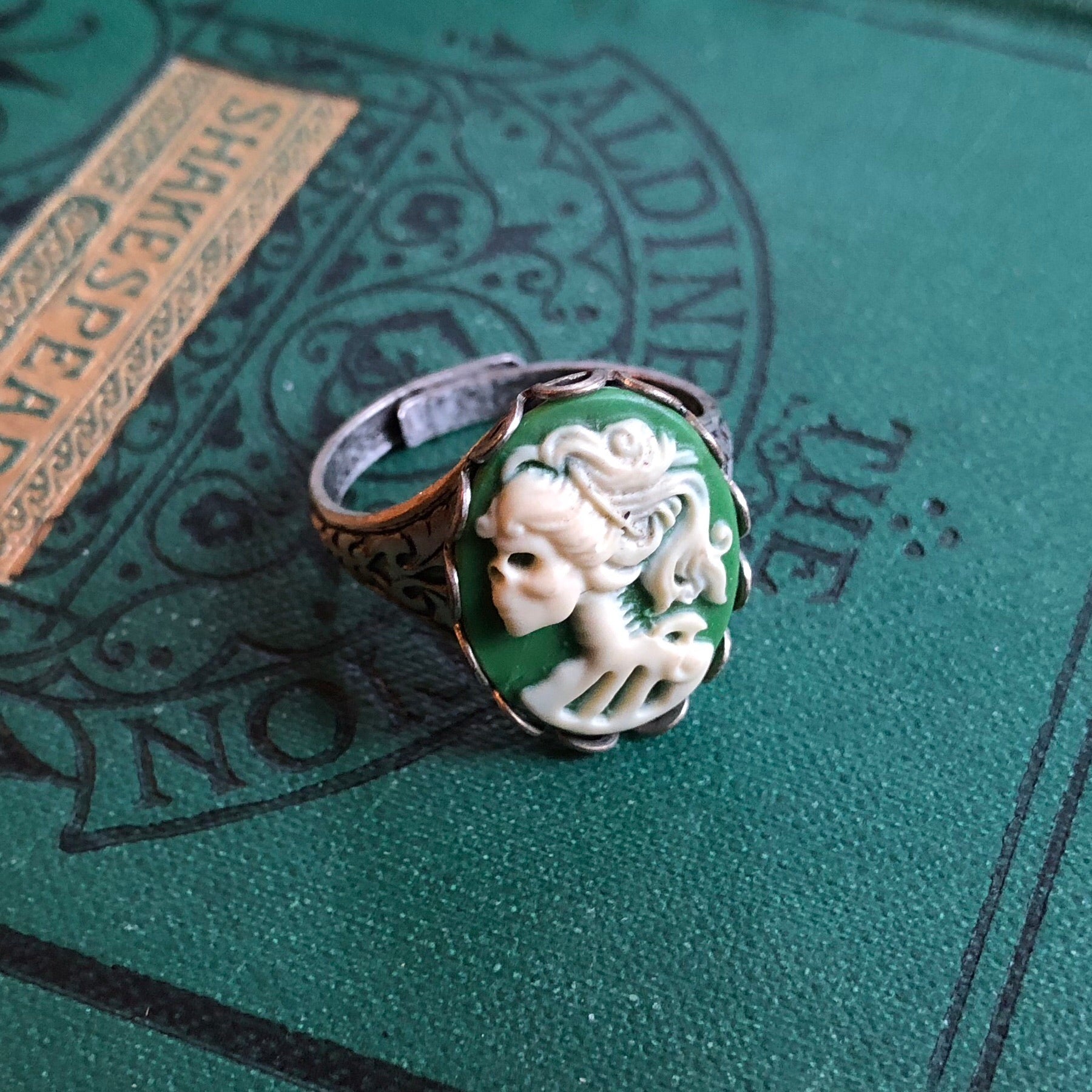 Skeleton Lady Cameo Ring- Green and Brass