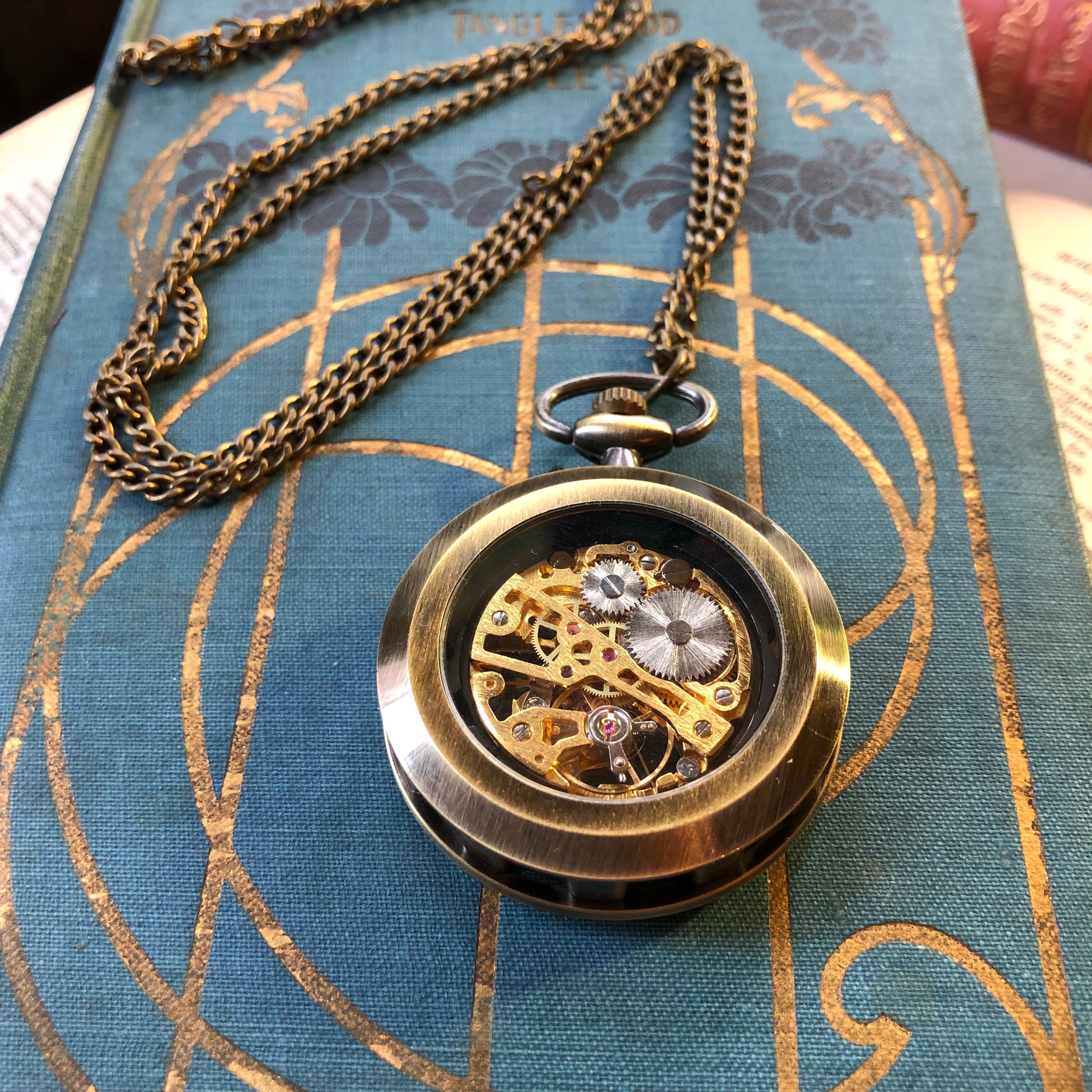 Black Postmodern Mechanical Pocket Watch on Necklace or Pocket Chain