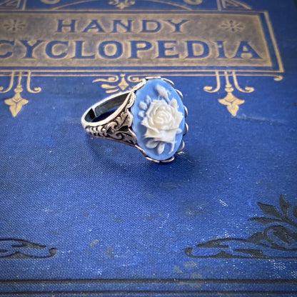 Blue Rose Cameo Ring in Antiqued Silver or Brass