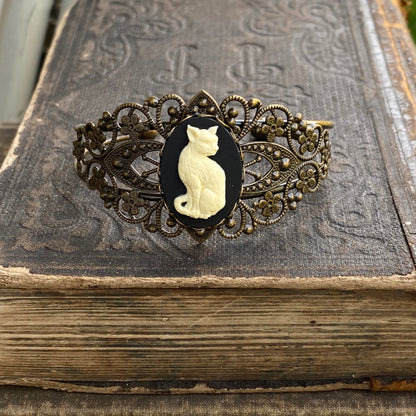 Cat Filigree Cuff Adjustable Bracelet in Black and White - Antiqued Brass