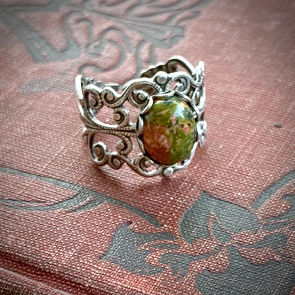 Unakite Stone Adjustable Filigree Ring