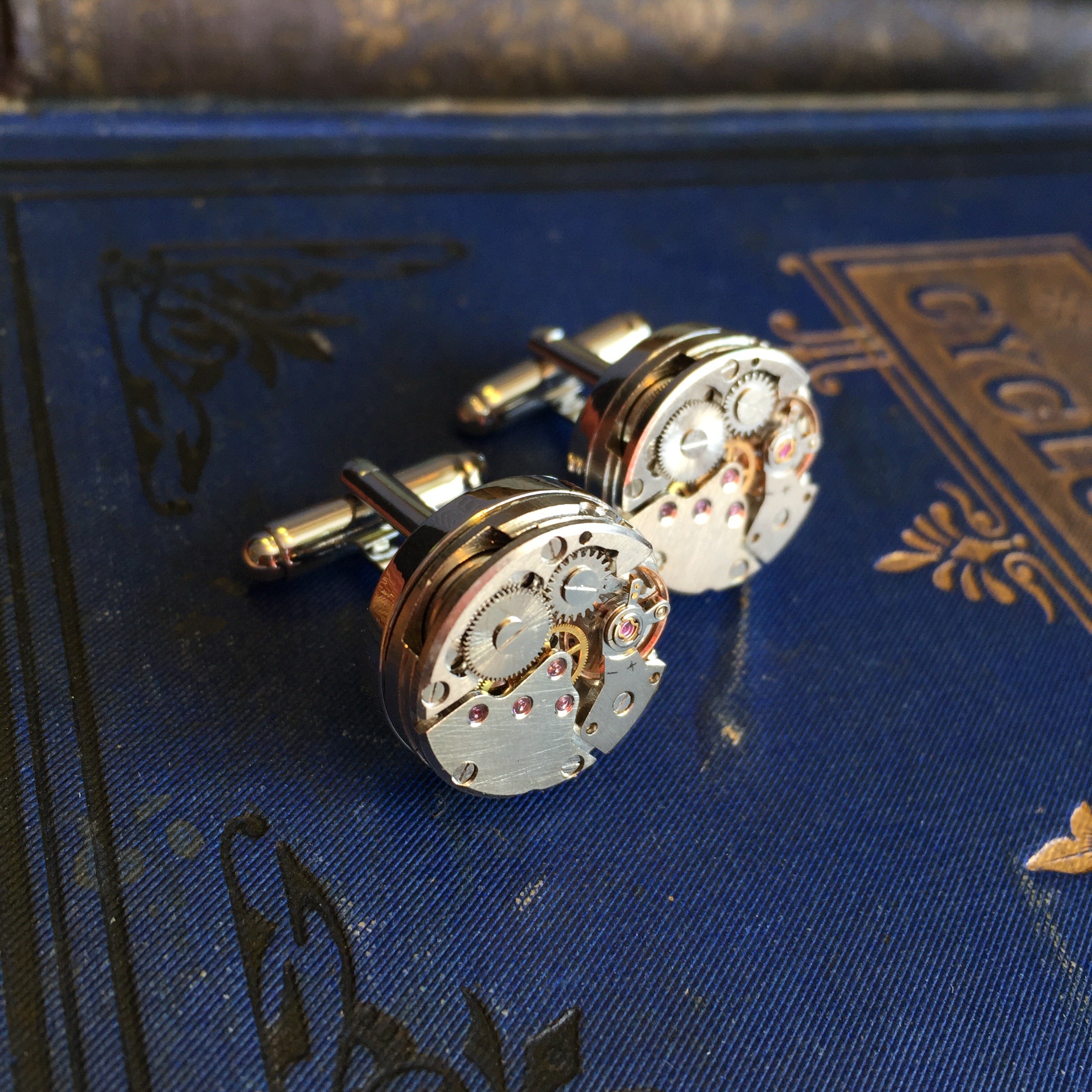 watch gears set in silver tone round cufflinks