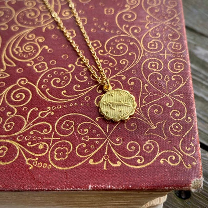 Gold or Silver Zodiac Charm Necklace - Aries Taurus Gemini Cancer Leo Virgo Libra Scorpio Sagittarius Capricorn Aquarius Pisces