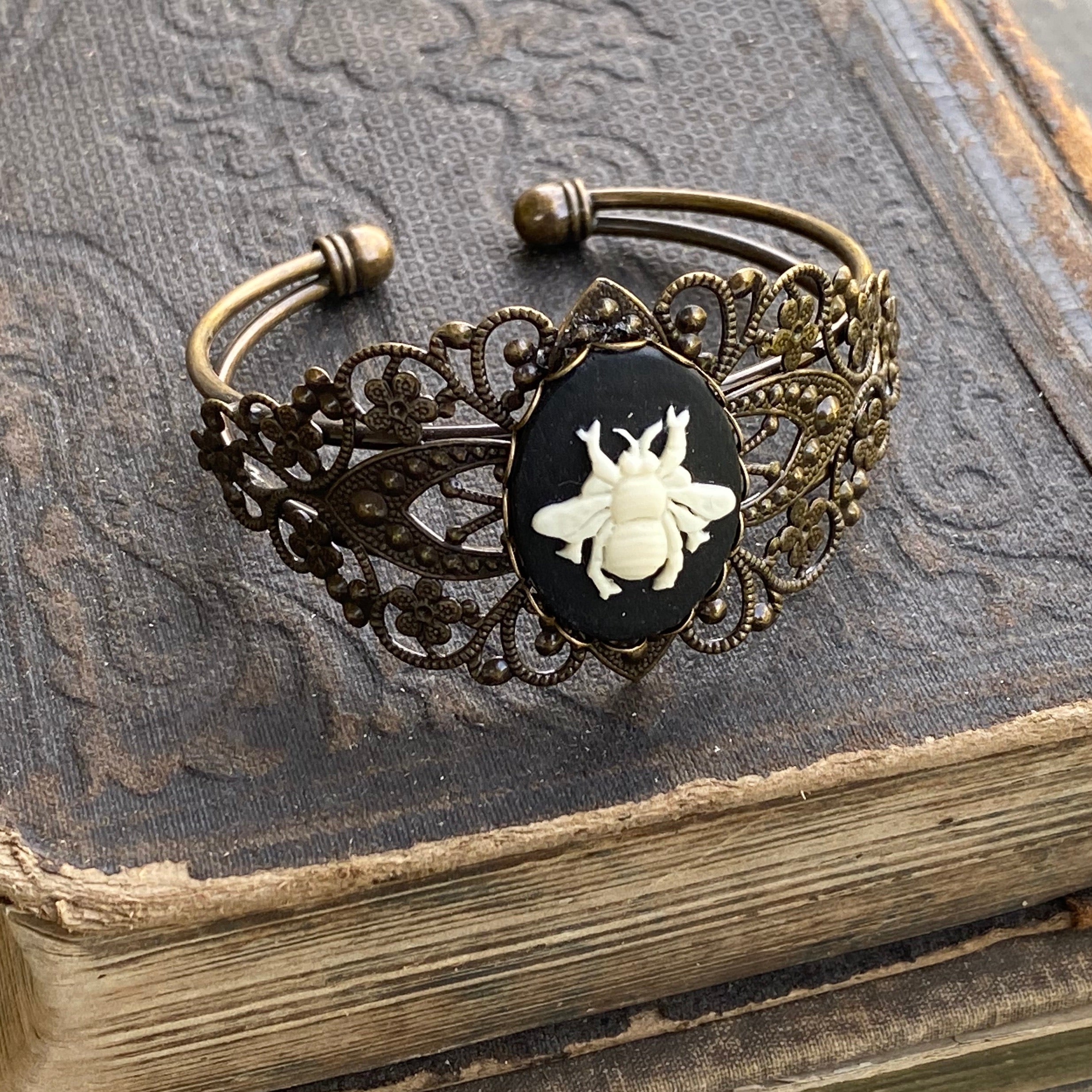 Cameo Cuff Bracelet- Honey Bee, Dragonfly or Flower and Adjustable