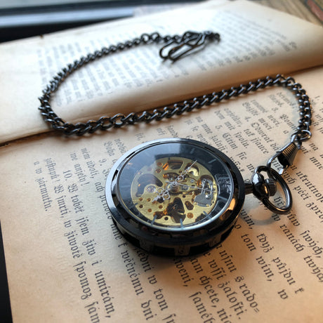 Black Postmodern Mechanical Pocket Watch on Necklace or Pocket Chain
