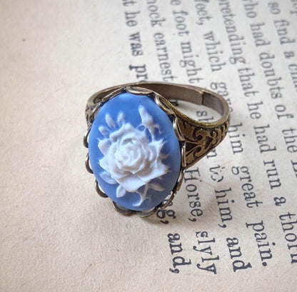 Blue Rose Cameo Ring in Antiqued Silver or Brass