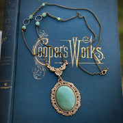 Green Aventurine Stone Pendant Necklace with Aventurine Beads and Filigree in Antiqued Brass