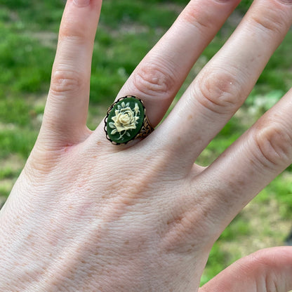 Green and White Rose Cameo Ring