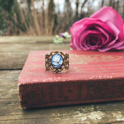 Blue Rose Cameo Filigree Ring in Antiqued Silver or Brass