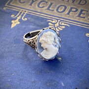 Blue Lady Cameo Ring in Antiqued Silver