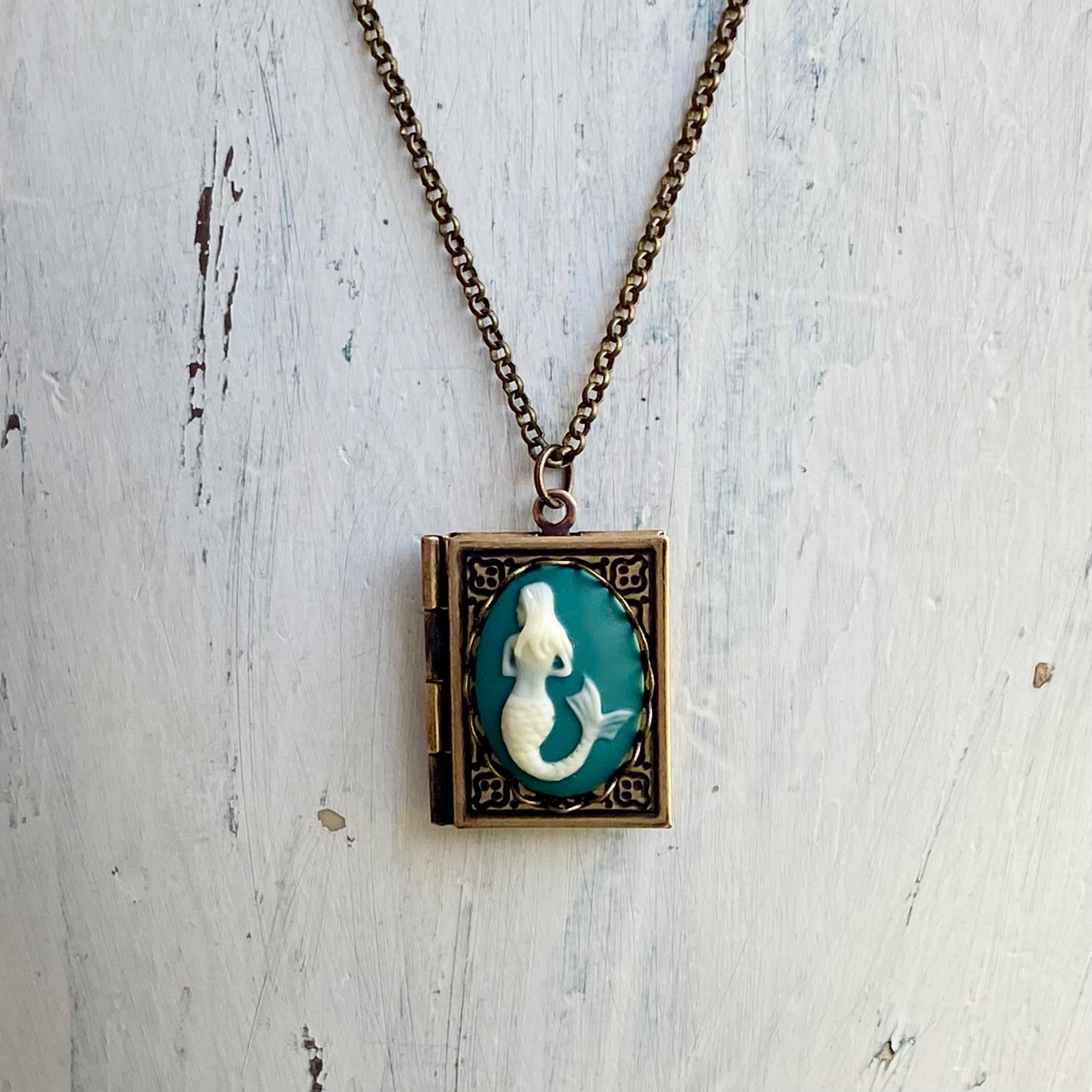 Mermaid Cameo Book Locket in Antique Brass or Silver