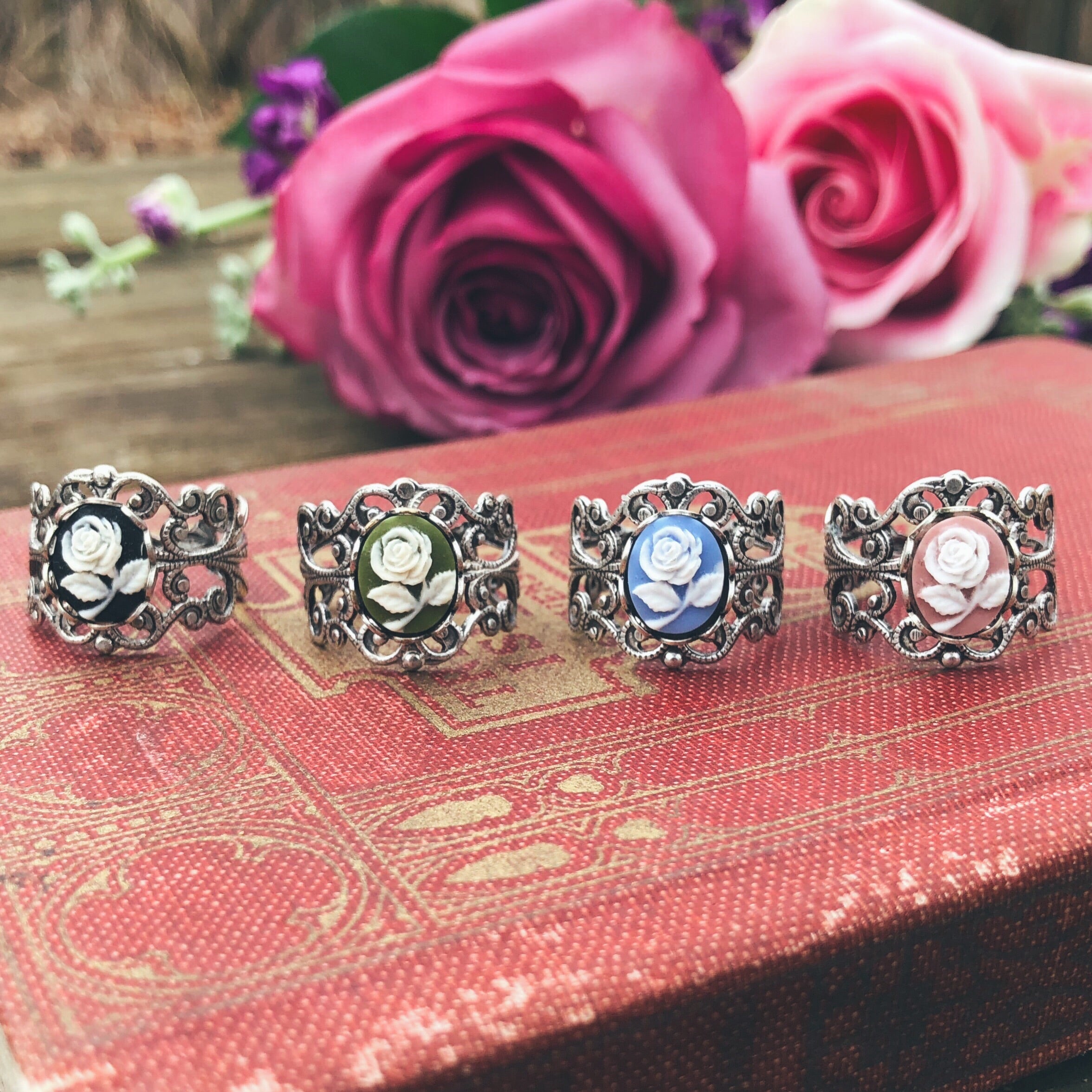 Blue Rose Cameo Filigree Ring