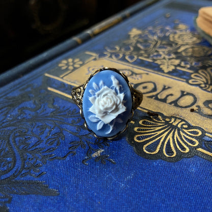 Blue Rose Cameo Ring in Antiqued Silver or Brass