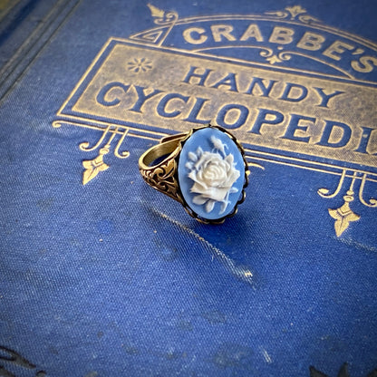 Blue Rose Cameo Ring in Antiqued Silver or Brass