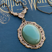 Green Aventurine Stone Pendant Necklace with Aventurine Beads and Filigree in Antiqued Brass