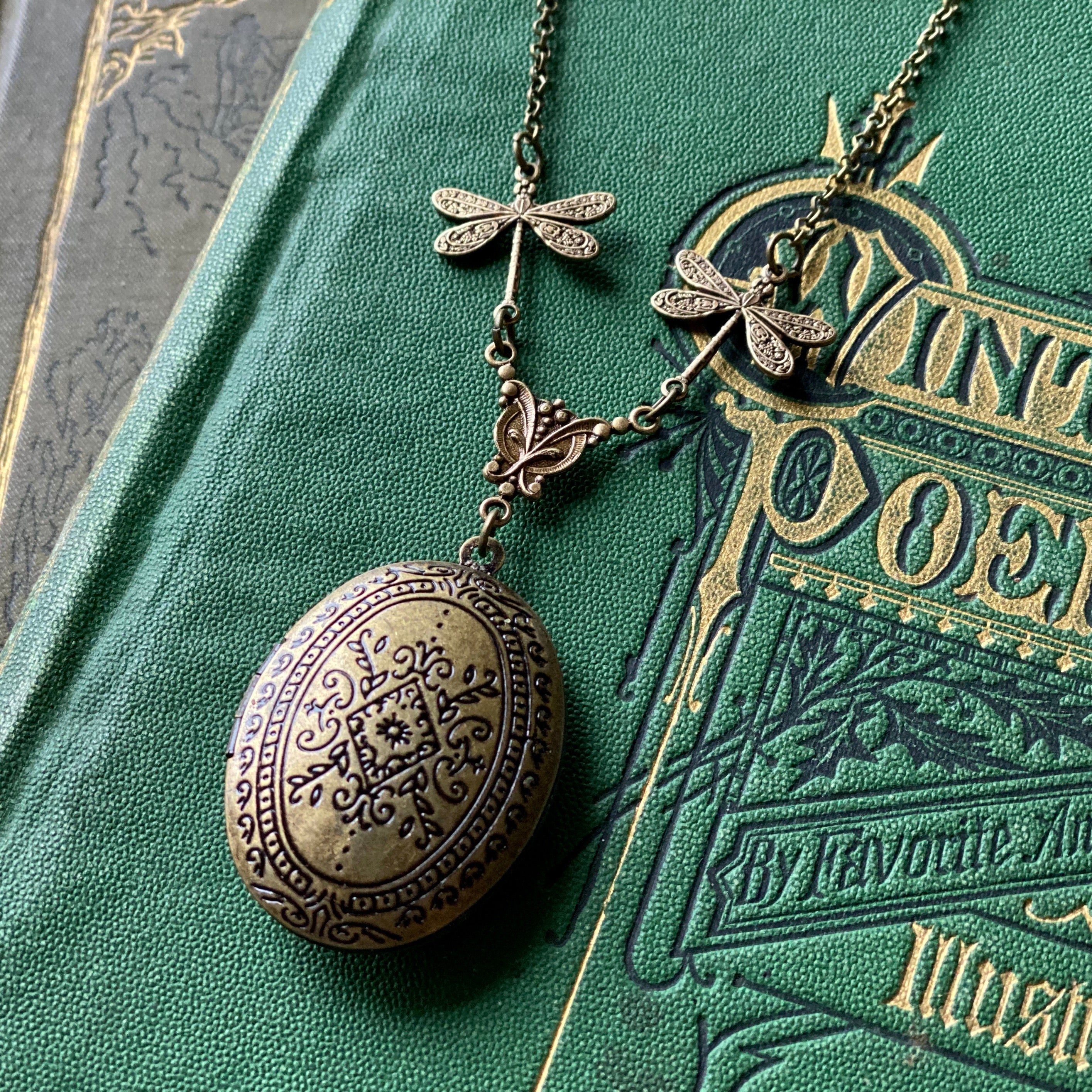 Oval Filigree Locket with Dragonfly Chain