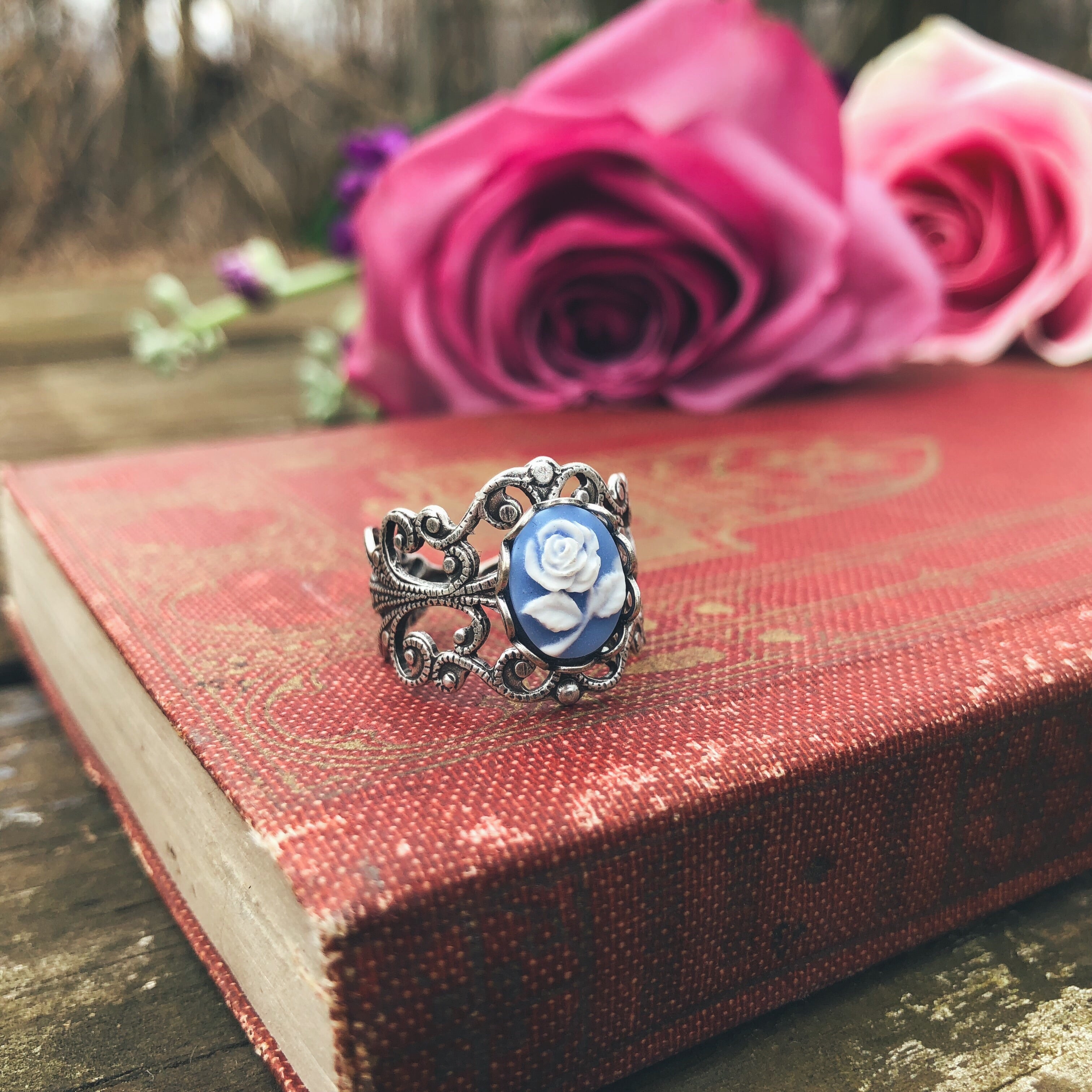 Blue Rose Cameo Filigree Ring in Antiqued Silver or Brass