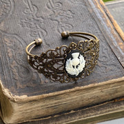 Angel Cameo Cuff Bracelet- Adjustable Antiqued Bronze Vintage Victorian Filigree Style Thistle Horse
