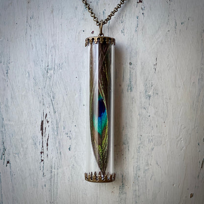 Peacock Feather Pendant Necklace in Antiqued Brass