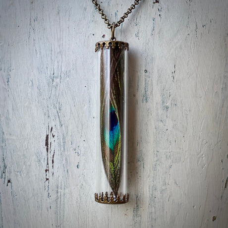 Peacock Feather Pendant Necklace in Antiqued Brass