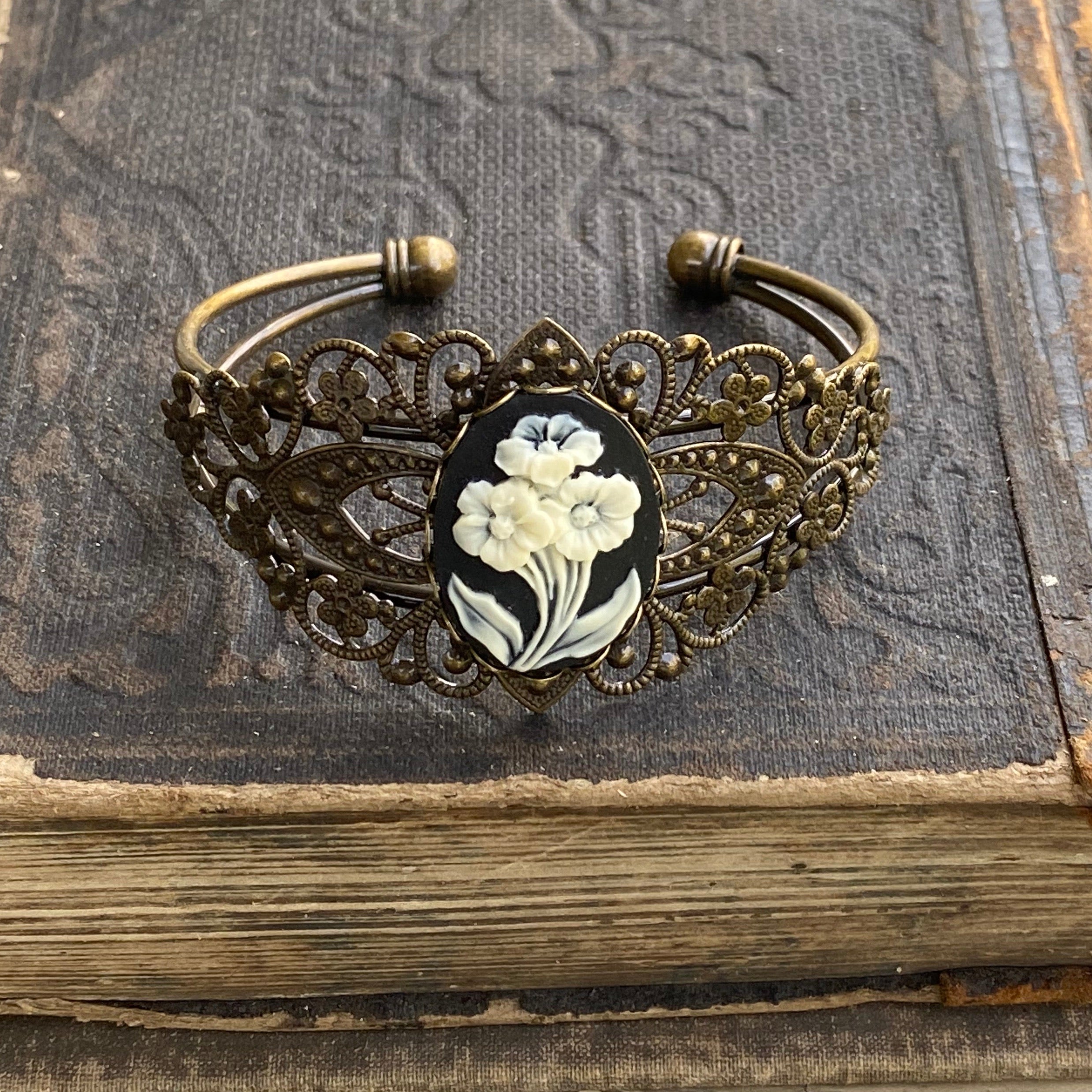 Cameo Cuff Bracelet- Honey Bee, Dragonfly or Flower and Adjustable