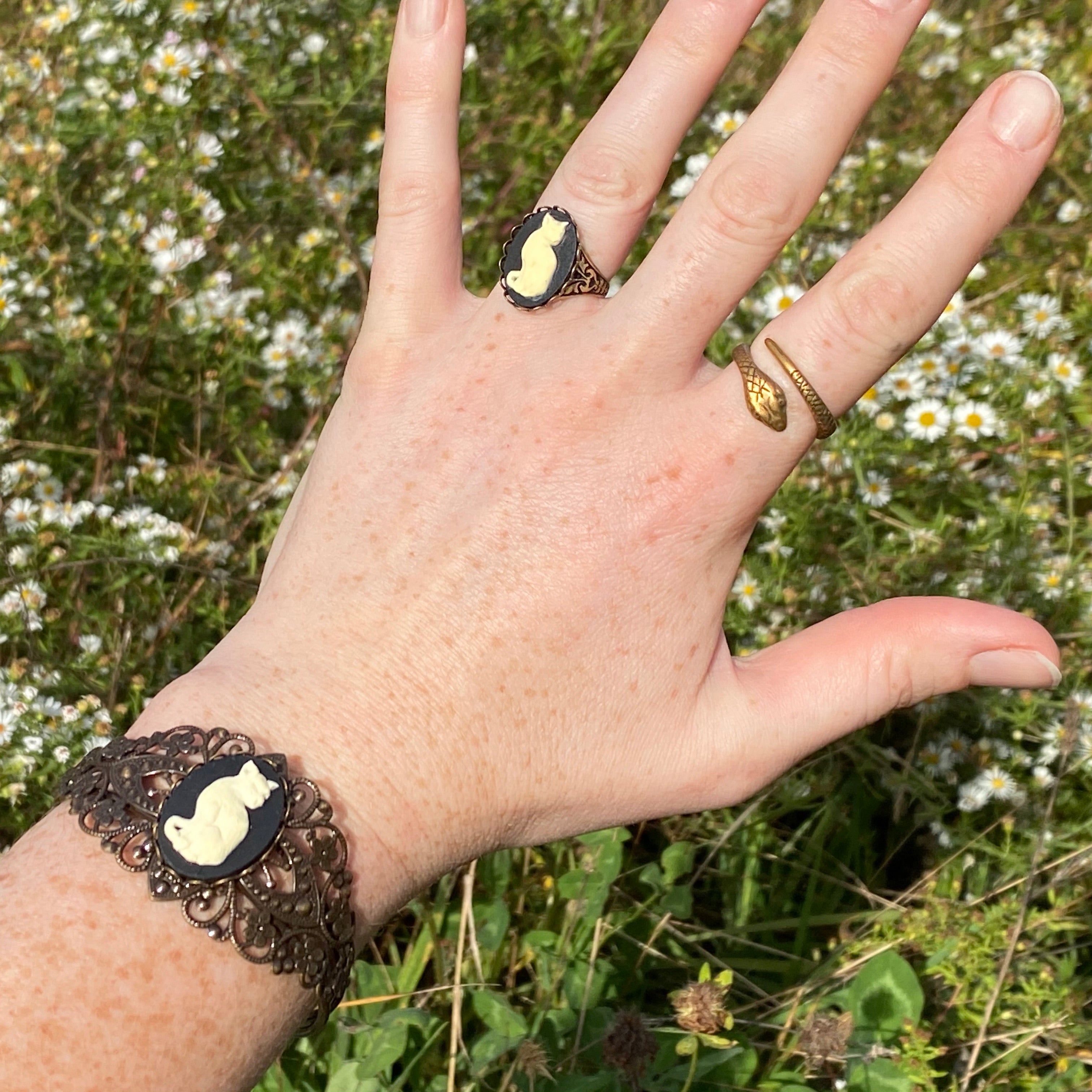 Cat Filigree Cuff Adjustable Bracelet in Black and White - Antiqued Brass