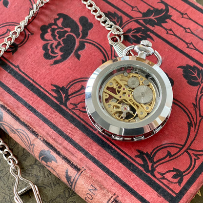 Silver Postmodern Mechanical Pocket Watch -on Fob or Necklace