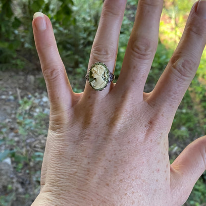 Green and White Woman Cameo Ring