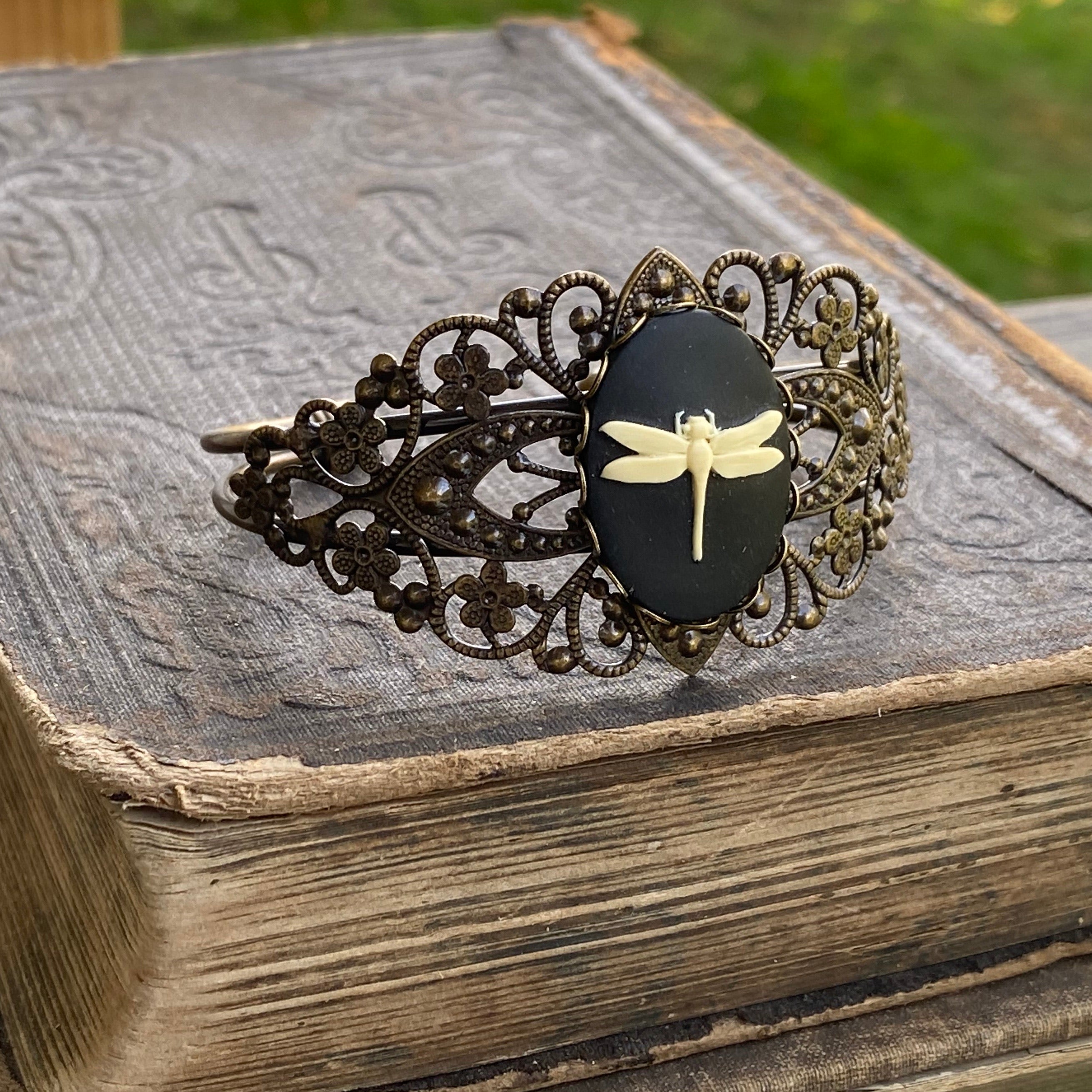 Cameo Cuff Bracelet- Honey Bee, Dragonfly or Flower and Adjustable