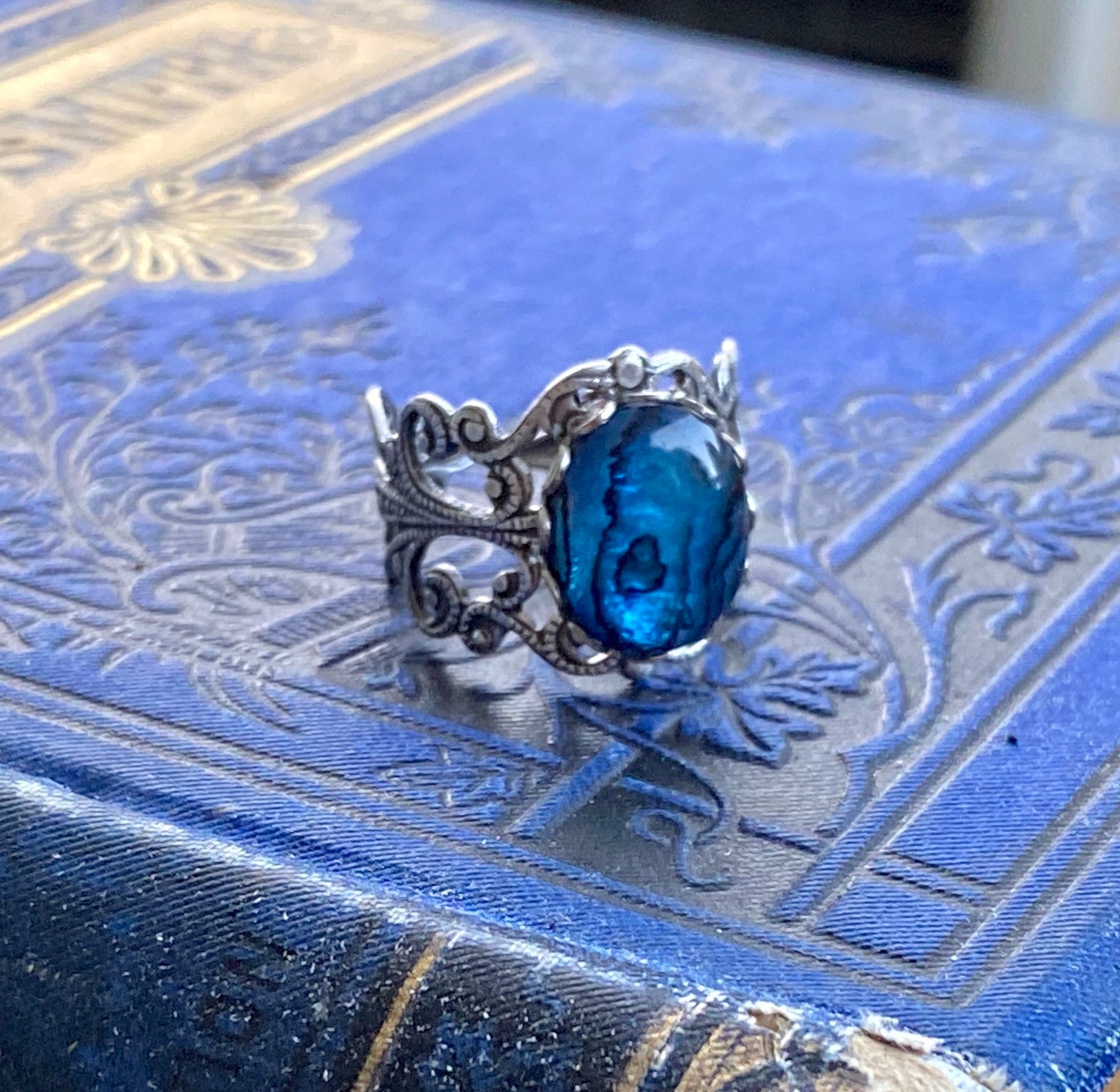 Blue Shell Filigree Ring in Antique Silver