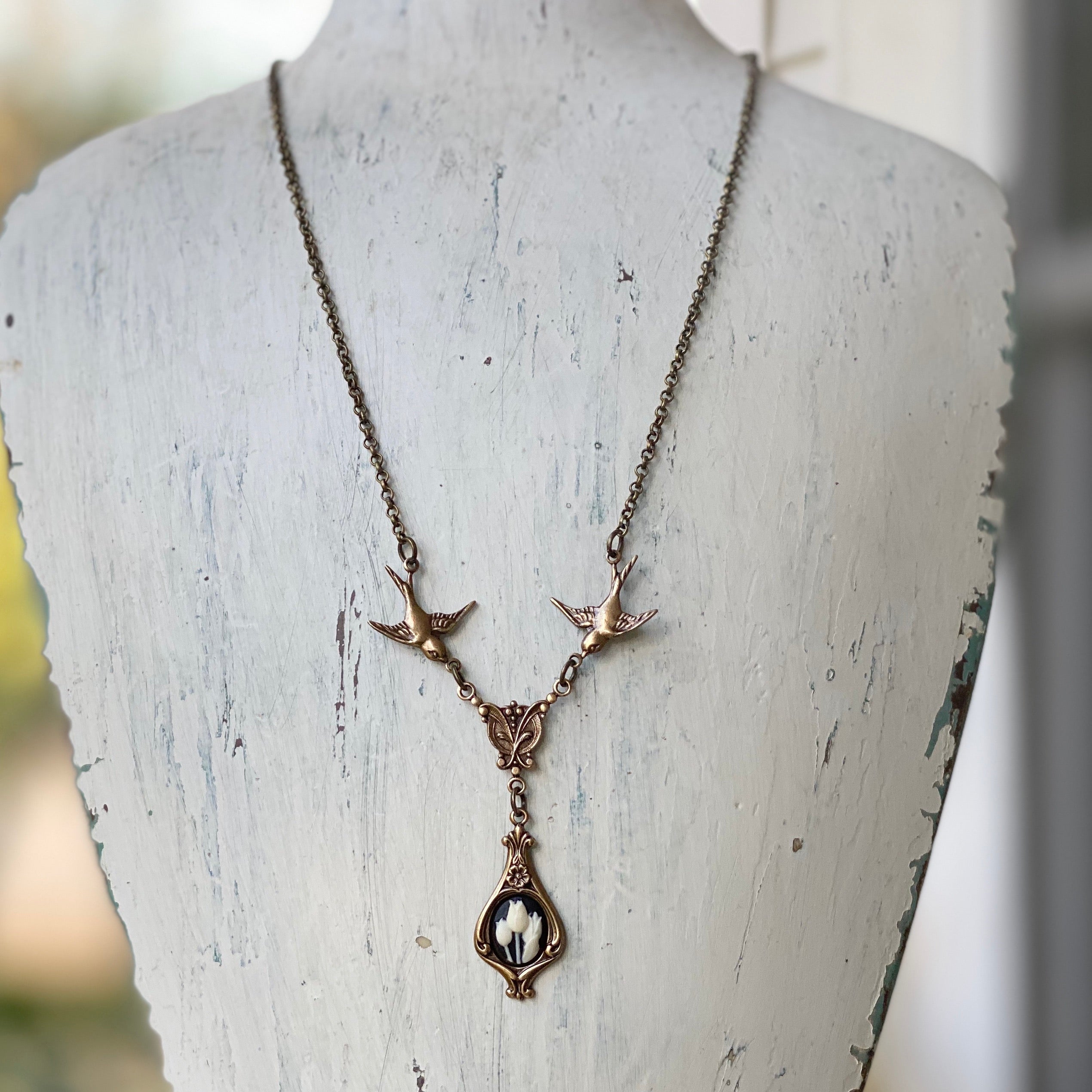 Elegant Victorian Tulip Cameo Necklace with Birds Antiqued Silver or Antiqued Brass Black and White Cameo