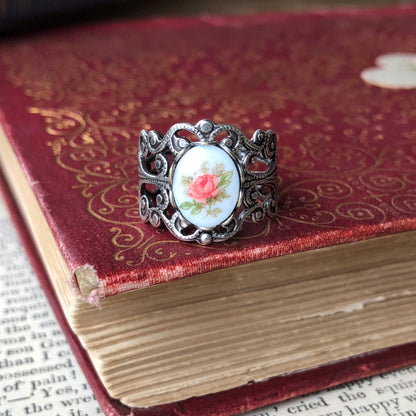 Pink Rose Cameo on Vintage Style Victorian Filigree Adjustable Ring in Silver or Brass.  Available in Pink, Blue, or Yellow