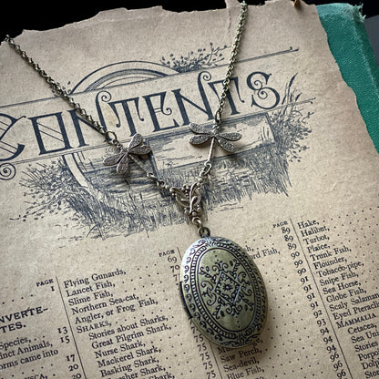 Oval Filigree Locket with Dragonfly Chain