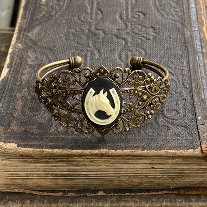 Angel Cameo Cuff Bracelet- Adjustable Antiqued Bronze Vintage Victorian Filigree Style Thistle Horse