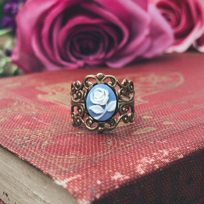 Blue Rose Cameo Filigree Ring in Antiqued Silver or Brass