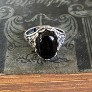 Filigree Ring - Black Onyx Stone in Silver 14x10mm