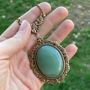 Green Aventurine Stone Pendant Necklace with Aventurine Beads and Filigree in Antiqued Brass
