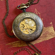 Mechanical Train Pocket Watch on Fob or Necklace Chain in Antiqued Brass