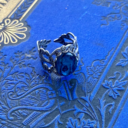 Blue Shell Filigree Ring in Antique Silver