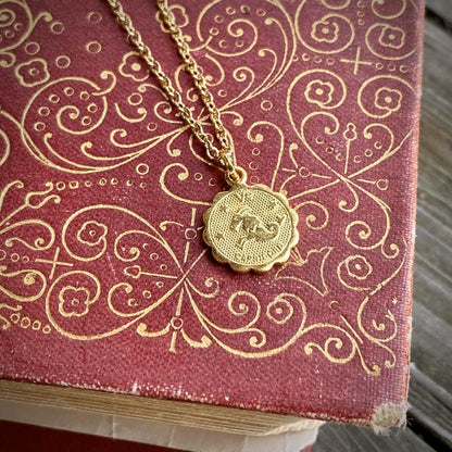 Gold or Silver Zodiac Charm Necklace - Aries Taurus Gemini Cancer Leo Virgo Libra Scorpio Sagittarius Capricorn Aquarius Pisces