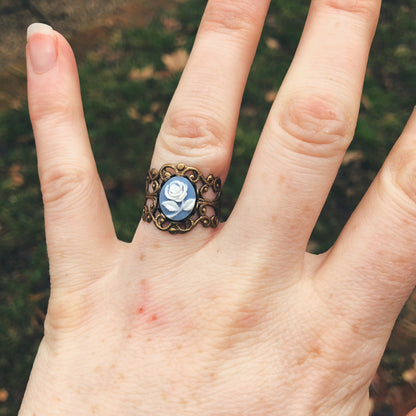 Blue Rose Cameo Filigree Ring in Antiqued Silver or Brass