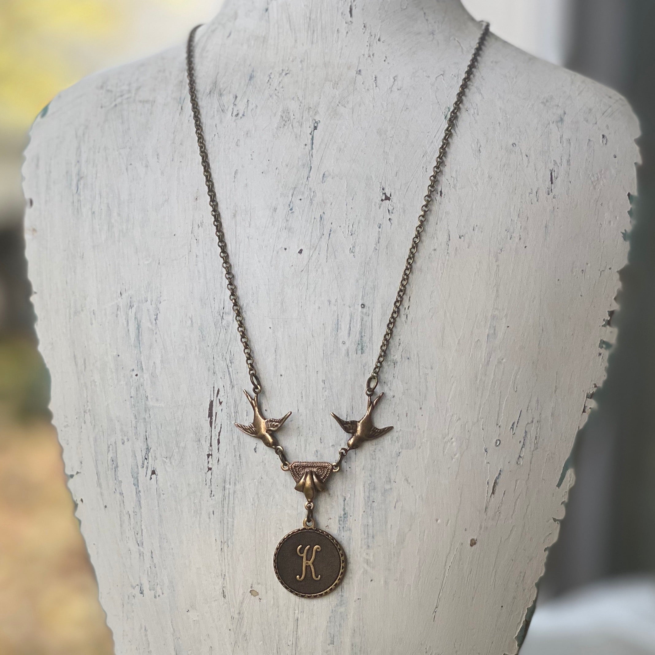 Letter Charm Necklace with Birds- in Antiqued Brass or Silver.