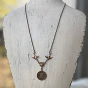 Letter Charm Necklace with Birds- in Antiqued Brass or Silver.