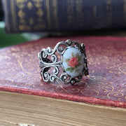 Pink Rose Cameo on Vintage Style Victorian Filigree Adjustable Ring in Silver or Brass.  Available in Pink, Blue, or Yellow