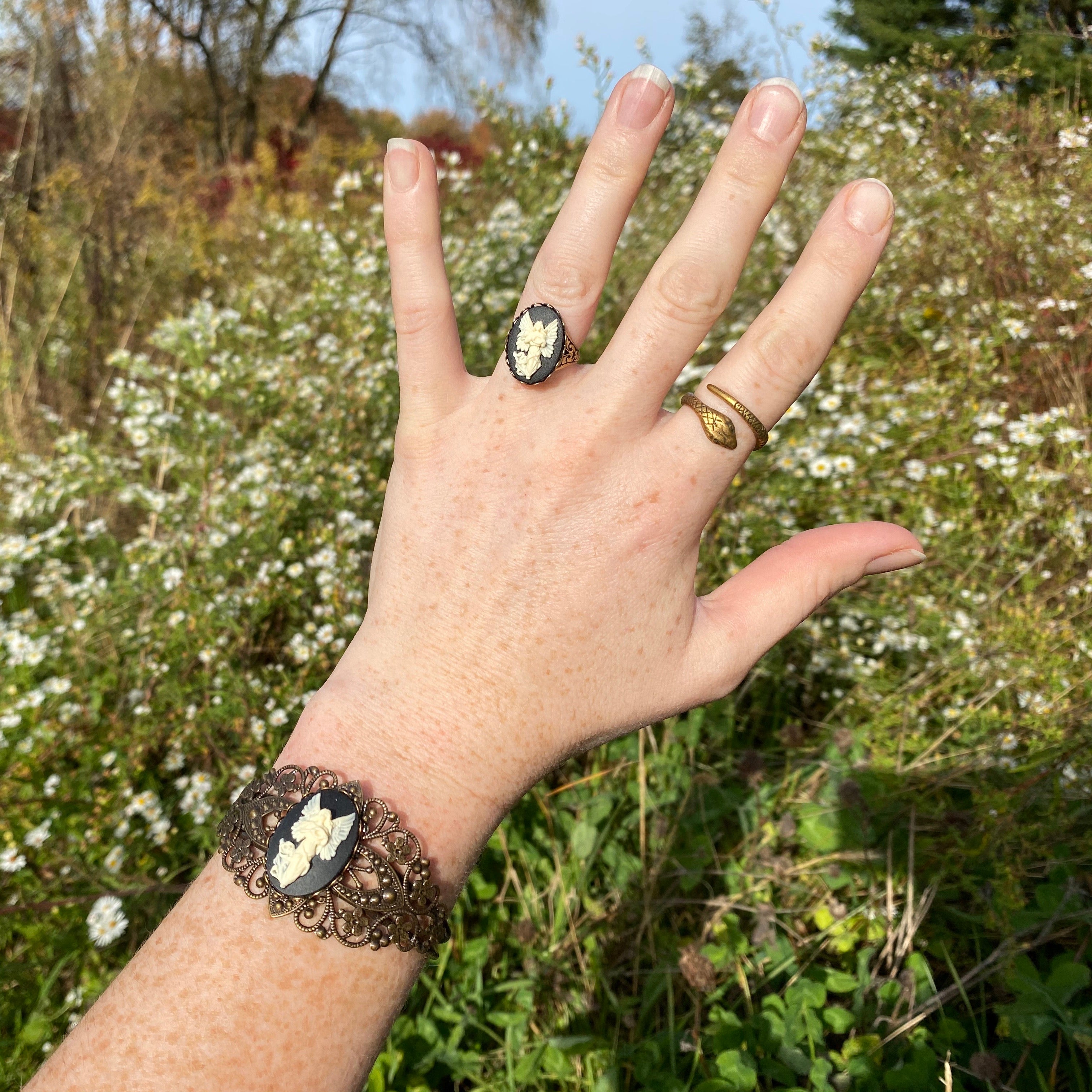 Angel Cameo Cuff Bracelet- Adjustable Antiqued Bronze Vintage Victorian Filigree Style Thistle Horse